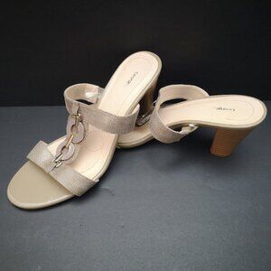 George Ladies Size 8 Taupe Slip On Style Faux Leather Heeled Sandals